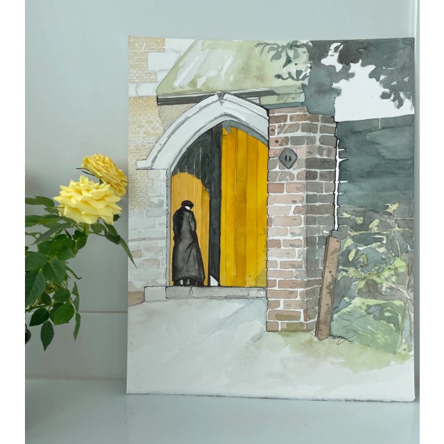 "Through the Yellow Doors" Contemporary Figurative Architectural Watercolor Painting by Tawna Allred For Sale - Image 4 of 4