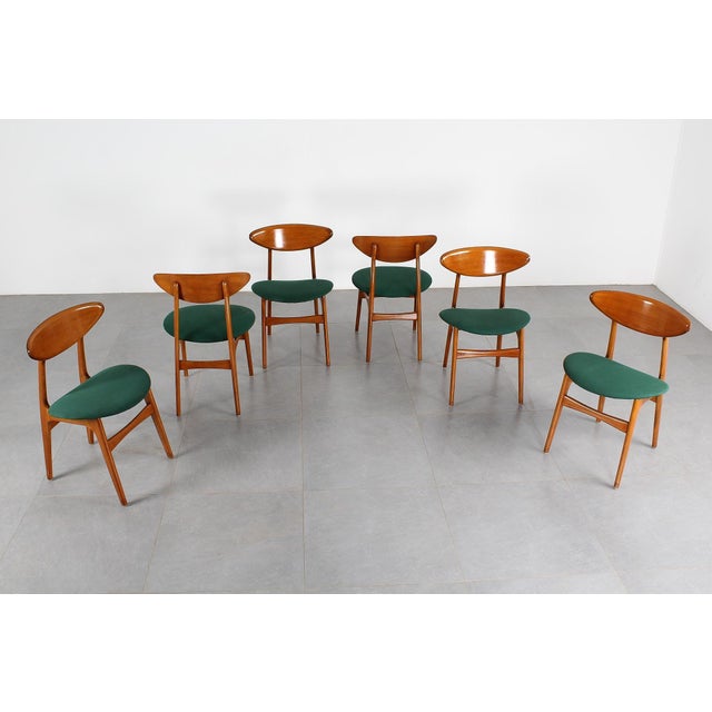 Mid-Century Scandinavian Wood and Green Fabric Chair, 1960s, Set of 6 For Sale - Image 4 of 16