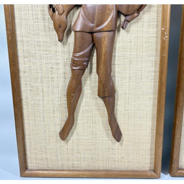 1960s Large 24” Mid-Century Modern Hand-Carved Teak & Burlap Wall Art – Set of 2 For Sale - Image 4 of 7
