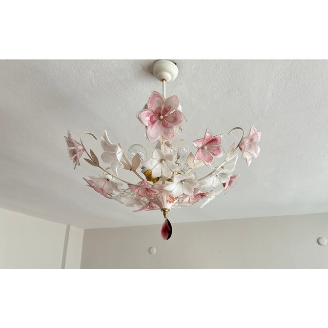 Vintage Murano Style Floral Chandelier – Romantic Pink & White Glass Bouquet Light - Pair For Sale - Image 17 of 18