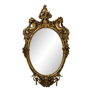 French Rococo Gold Leaf Mirror – Ornate Oval Frame With Cherub & Mermaid Figures For Sale