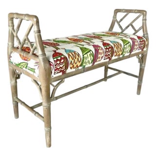 Vintage Faux Bamboo Upholstered Bench, Hollywood Regency, Mid 20th Century For Sale