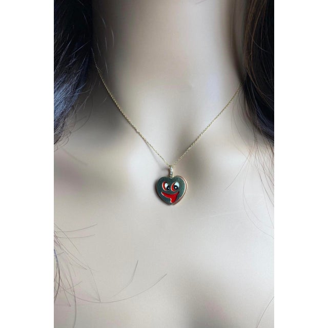Metal Vintage Aaron Basha 18k Yellow Gold Diamond Enamel Whimsical Heart Charm Pendant For Sale - Image 7 of 9