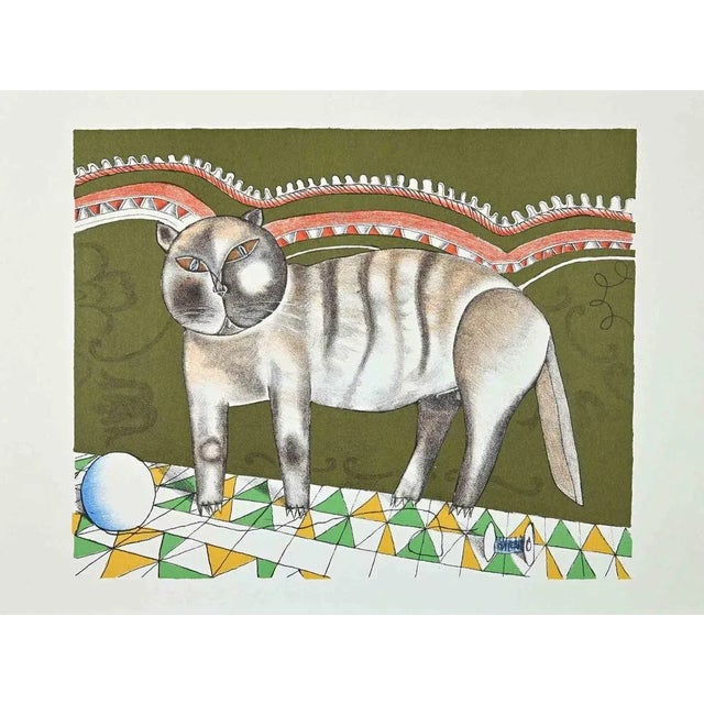Cat is an original Vintage Offset Print on ivory-colored paper, realized by Franco Gentilini (Italian Painter, 1909-1981),...