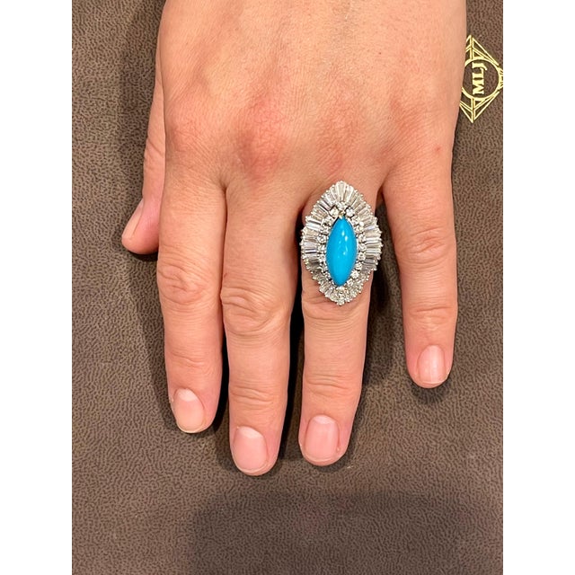 Vintage Natural Marquise Sleeping Beauty Ring Turquoise With Diamonds, Platinum For Sale - Image 10 of 18