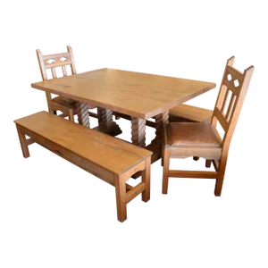 1990s Morewood & Yager Southwest Wooden Furniture Set Dining Table 2 Benches & 2 Leather Chairs