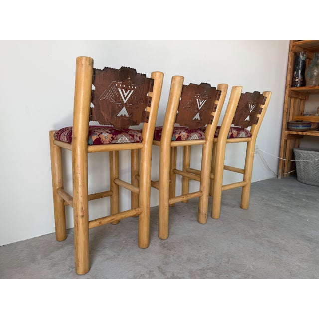 Wood Vintage Rustic Southwestern Log Bar Stools With Metal Eagle Backrests – Set of 3 For Sale - Image 7 of 12
