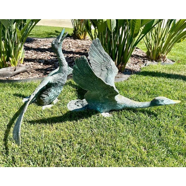 1920s Pair of Large Japanese Bronze Garden Duck Sculptures – Verdigris Patina, Life-Size Waterfowl Statues For Sale - Image 4 of 18