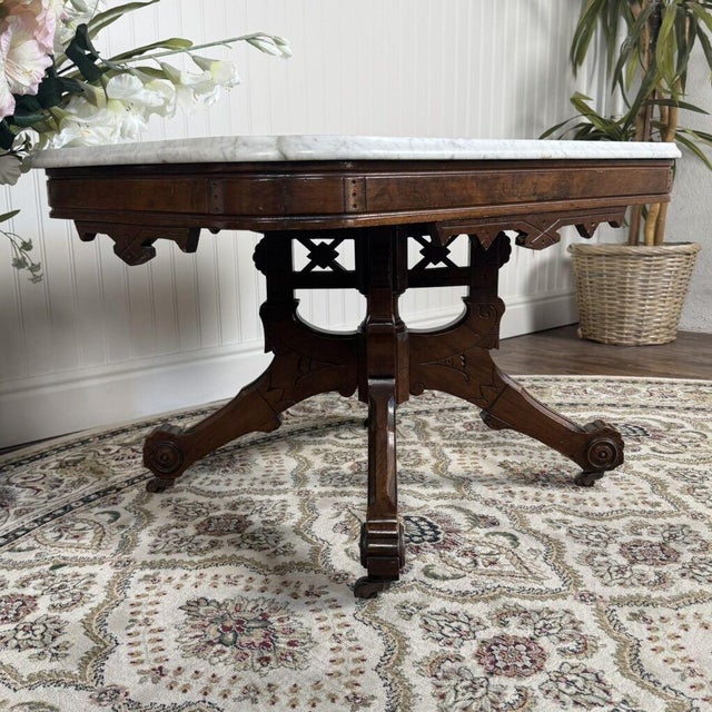 Brown Antique Victorian Marble Top Walnut Side Table For Sale - Image 8 of 13