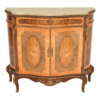 French Inlaid Marquetry Sideboard with Marble Top, 1930 For Sale