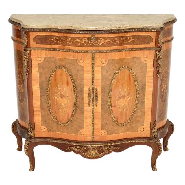 French Inlaid Marquetry Sideboard with Marble Top, 1930 For Sale