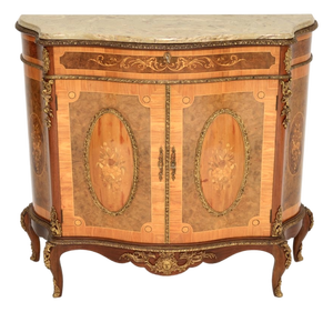 French Inlaid Marquetry Sideboard with Marble Top, 1930