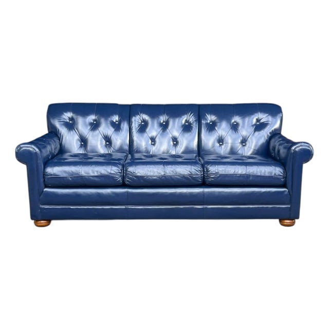 1960s Hollywood Regency Navy Blue Button-Tufted Leather Sofa For Sale
