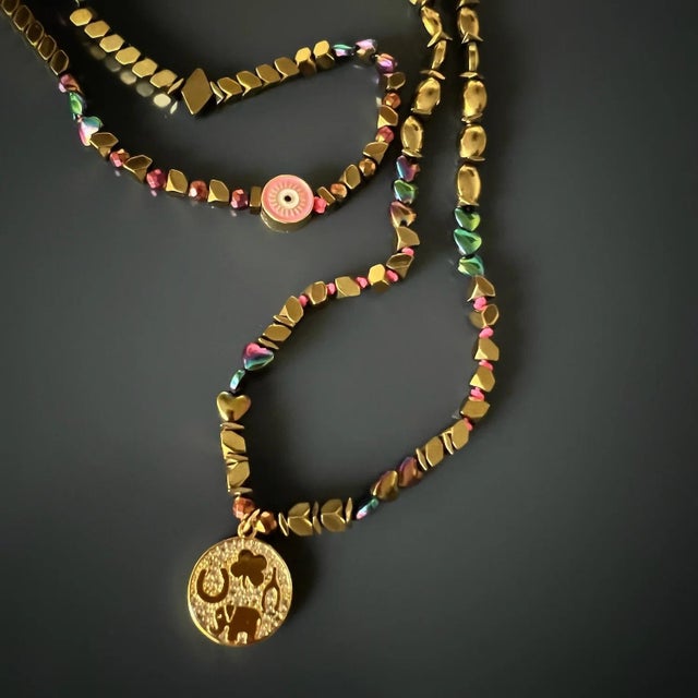 Early 21st Century Good Luck Symbol Design Pendant Hematite Beaded Necklace For Sale - Image 5 of 9