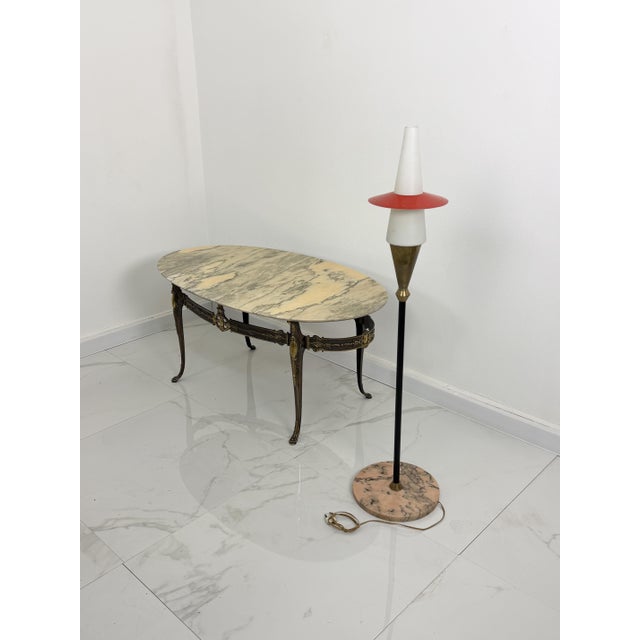Small Italian floor lamp in the Stilnovo style, 1950 Marble base, metal and brass stem, opal glass bowl. E14 lamp. Good...