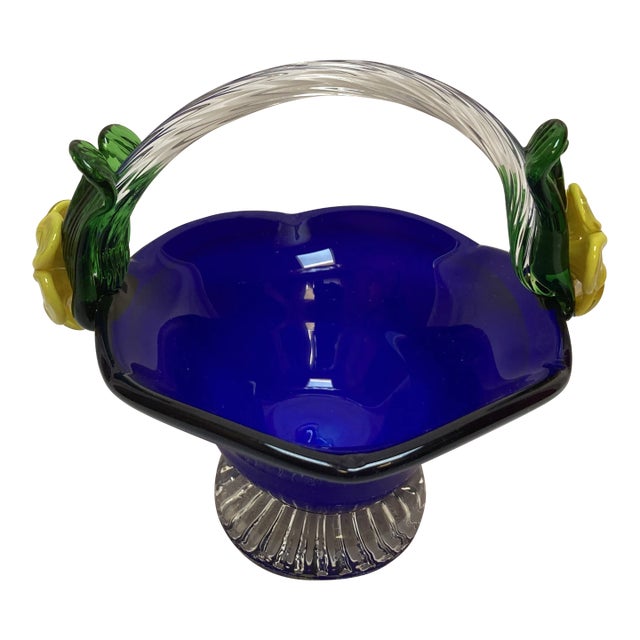 Late 20th Century Vintage Cobalt Blue Murano Glass Basket With Yellow Applied Flowers For Sale
