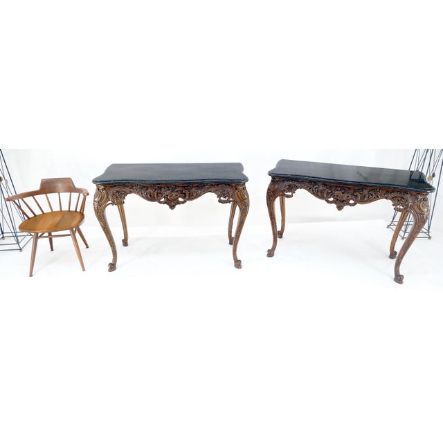 1990s Pair of Beautifully Carved Black Marble Tessellated Top Console Hall Wall Tables For Sale - Image 5 of 12