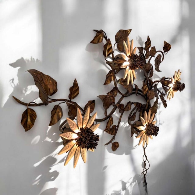 Gold Vintage Italian Gilt Tole Sunflower Wall Sconce, 48.5 In For Sale - Image 8 of 10