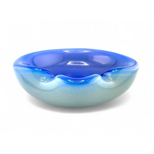 Stunning Blue & White opaline art glass ashtray catchall from Murano. Measures 5 1/4” by 5 1/2”