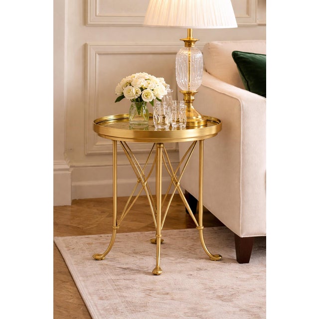 Gold Vintage Hollywood Regency Brass X-Base Tray Side Tables – Sculptural Glam Accent Pair For Sale - Image 8 of 8