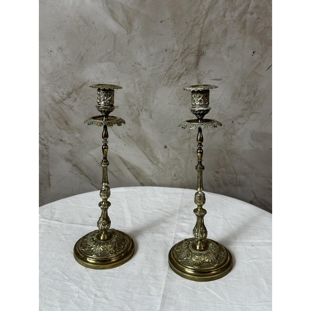 Gold Gilt Brass Candlesticks, 1920s, Set of 2 For Sale - Image 8 of 11
