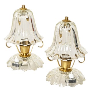 Bell-Flower Murano Glass and Brass Table Lamps from Barovier, Italy, 1940s, Set of 2 For Sale