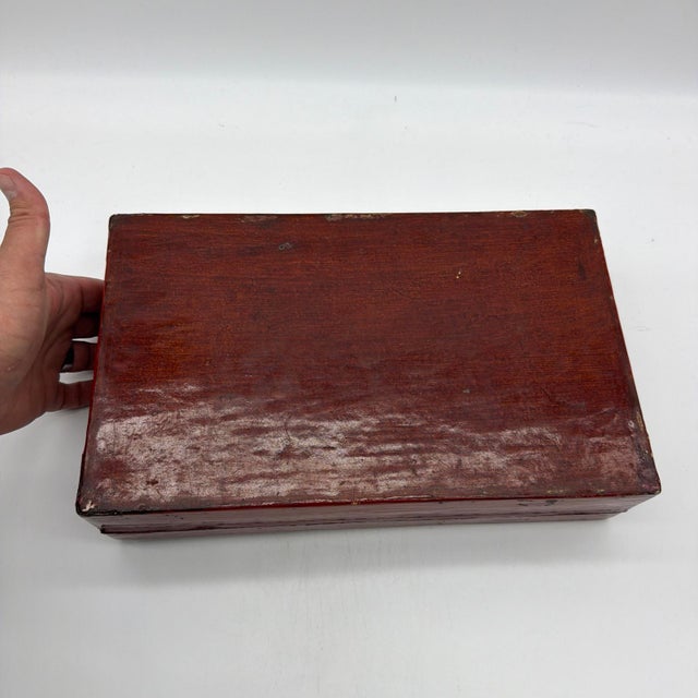 Vintage Chinese Red Leather & Wood Wedding Box With Double Happiness Motif A charming vintage Chinese red leather-over-...