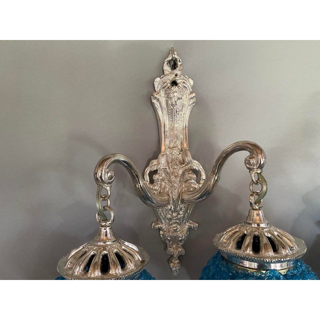 Metal 1990s French Louis XVI Silver Bronze Blue Crystal Wall Lamps / Sconces – Pair For Sale - Image 7 of 13