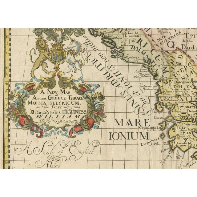 Paper Detailed Ancient Greece Map with Ornate Cartouche by Edward Wells, 1710 For Sale - Image 7 of 16