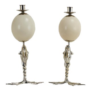 Pair of Mid Century Silver Plate Ostrich Egg and Frog Candlesticks by Antony Redmile For Sale