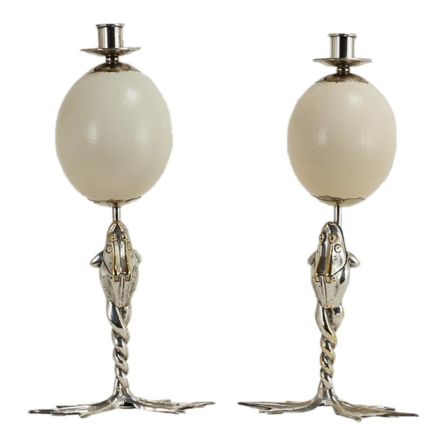 Pair of Mid Century Silver Plate Ostrich Egg and Frog Candlesticks by Antony Redmile For Sale