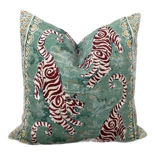 Teal Embroidered Bengal Tiger Pillow For Sale