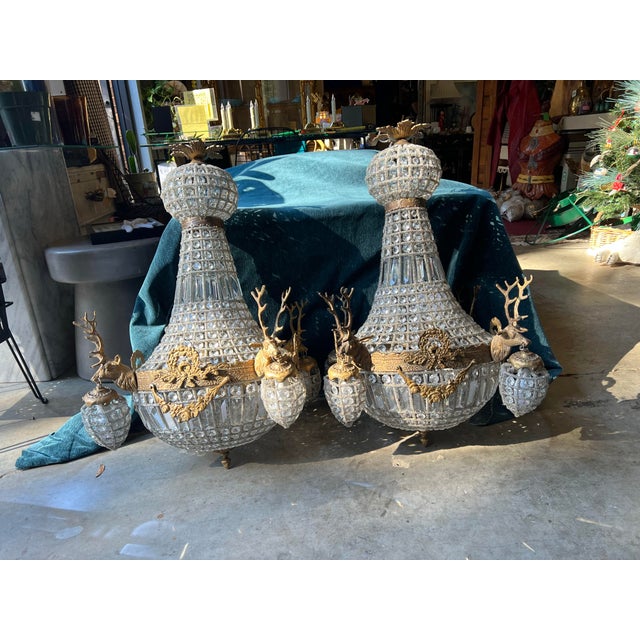 1970s Pair of Gold Deer Head Hollywood Regency Chandeliers For Sale - Image 5 of 6