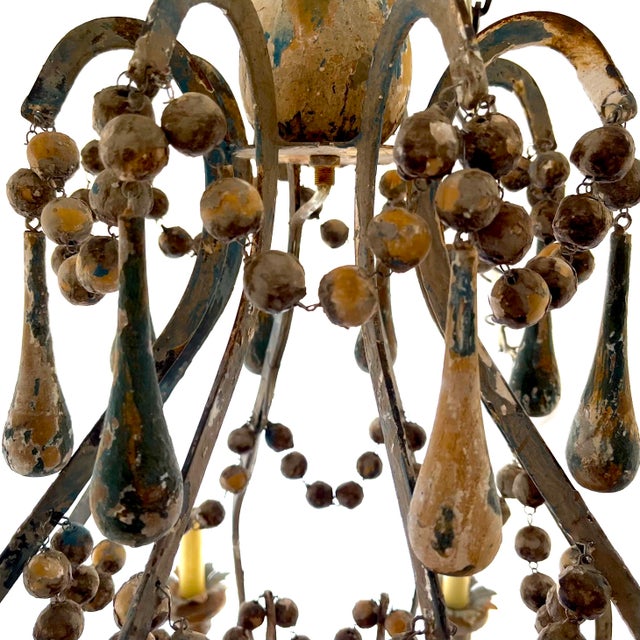Shabby Chic Antique French Painted Wooden Bead and Iron Chandelier - 8 Lights For Sale - Image 3 of 10