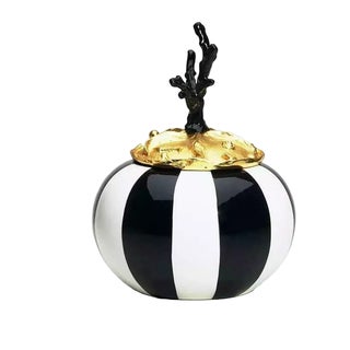 Coral Topped Hand-Carved Gold-Plate Black & White Round French Ceramic Box For Sale