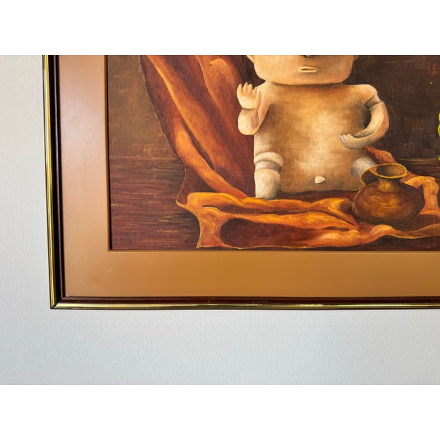 Wood 1981 Vintage Still Life With Pre-Columbian Inspired Figurine Oil on Canvas Painting by Jeannette For Sale - Image 7 of 12