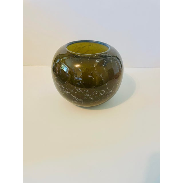 Murano Vintage Mid Century Hand Blown Glass Globe Vase Smoked Charcoal Olive Green Orb For Sale - Image 4 of 4