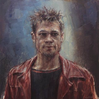 Tyler by Nicolas Martin | Oil on Panel Portrait of a man with tousled hair in a red jacket. For Sale