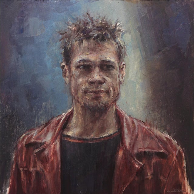 Tyler by Nicolas Martin | Oil on Panel Portrait of a man with tousled hair in a red jacket. For Sale