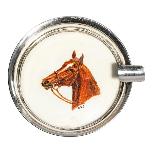Lovely Hand Painted Horse Equestrian Theme Vintage English Sterling Silver Ashtray Paperweight Catchall Home Decor For Sale