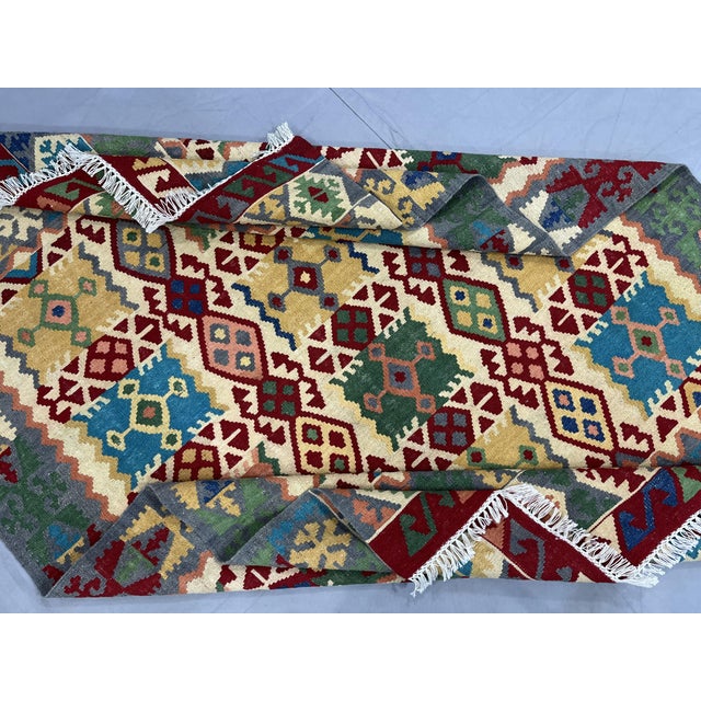 5'1" X 6'5" Multicolor Afghan Chobi Geometric Wool Flatweave Kilim Rug For Sale - Image 16 of 16