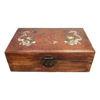 Vintage Chinese Rosewood Box With Mother of Pearl "Two Dragons" Inlay For Sale
