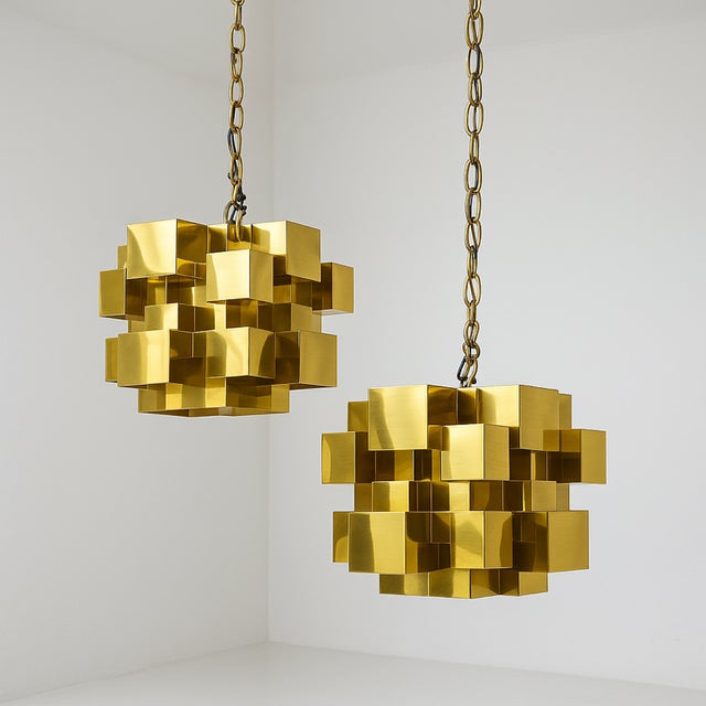 1970s Curtis Jeré Brass Cubist Cubist Chandelier, Signed For Sale - Image 14 of 14