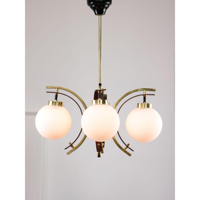 Goldenrod Mid-Century Modern Italian Brass and Opaline Chandelier For Sale - Image 8 of 17