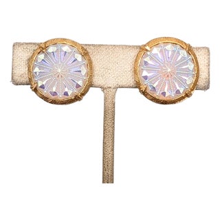 Vintage 1960s Signed Hobe Round Goldtone Iridescent Rhinestone Clip Earrings-2 Pieces For Sale