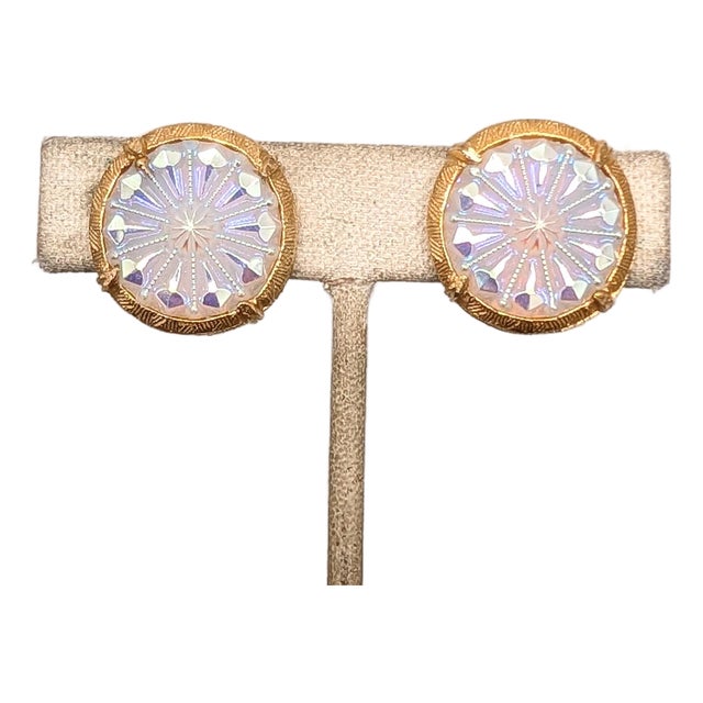 Vintage 1960s Signed Hobe Round Goldtone Iridescent Rhinestone Clip Earrings-2 Pieces For Sale