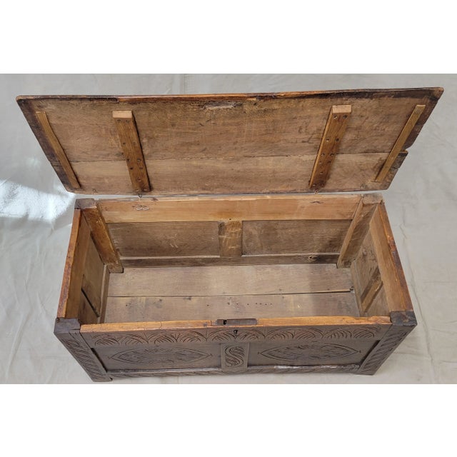 Antique 1800s English Carved Oak Coffer Storage Trunk Box For Sale In Denver - Image 6 of 12