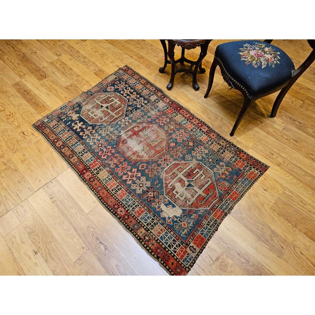 19th Century 19th Century Caucasian Shirvan Area Rug, Tribal Geometric Pattern, Blue & Ivory, 3’ x 5’ For Sale - Image 5 of 17