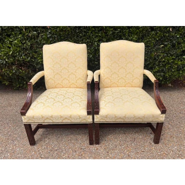Traditional Traditional Pale Buttercream Yellow Damask Carved Mahogany Martha Washington Library Living Room Chairs, a Pair For Sale - Image 3 of 12