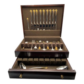 Late 20th Century Oneida Cube “Golden Damask Rose” Stainless Flatware 50 Pieces (Service for 9 With Hostess Pieces and Storage Chest) For Sale